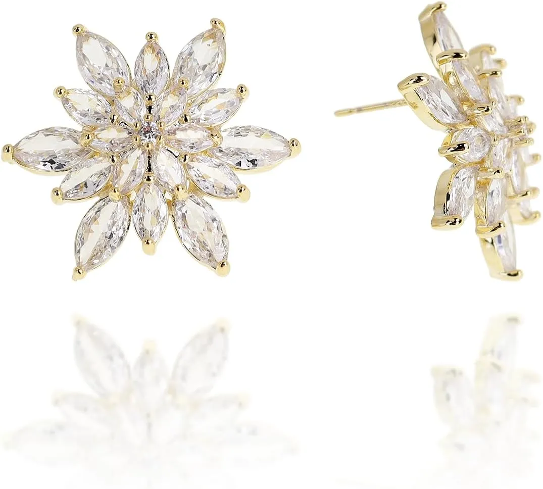 Sonateomber Large Crystal Cubic Zirconia Enamel Statement Flower Gold Stud Earrings for Women - Cute Big Sparkly Cluster Petal Floral Summer Spring Costume Birthday Prom Jewelry Gift