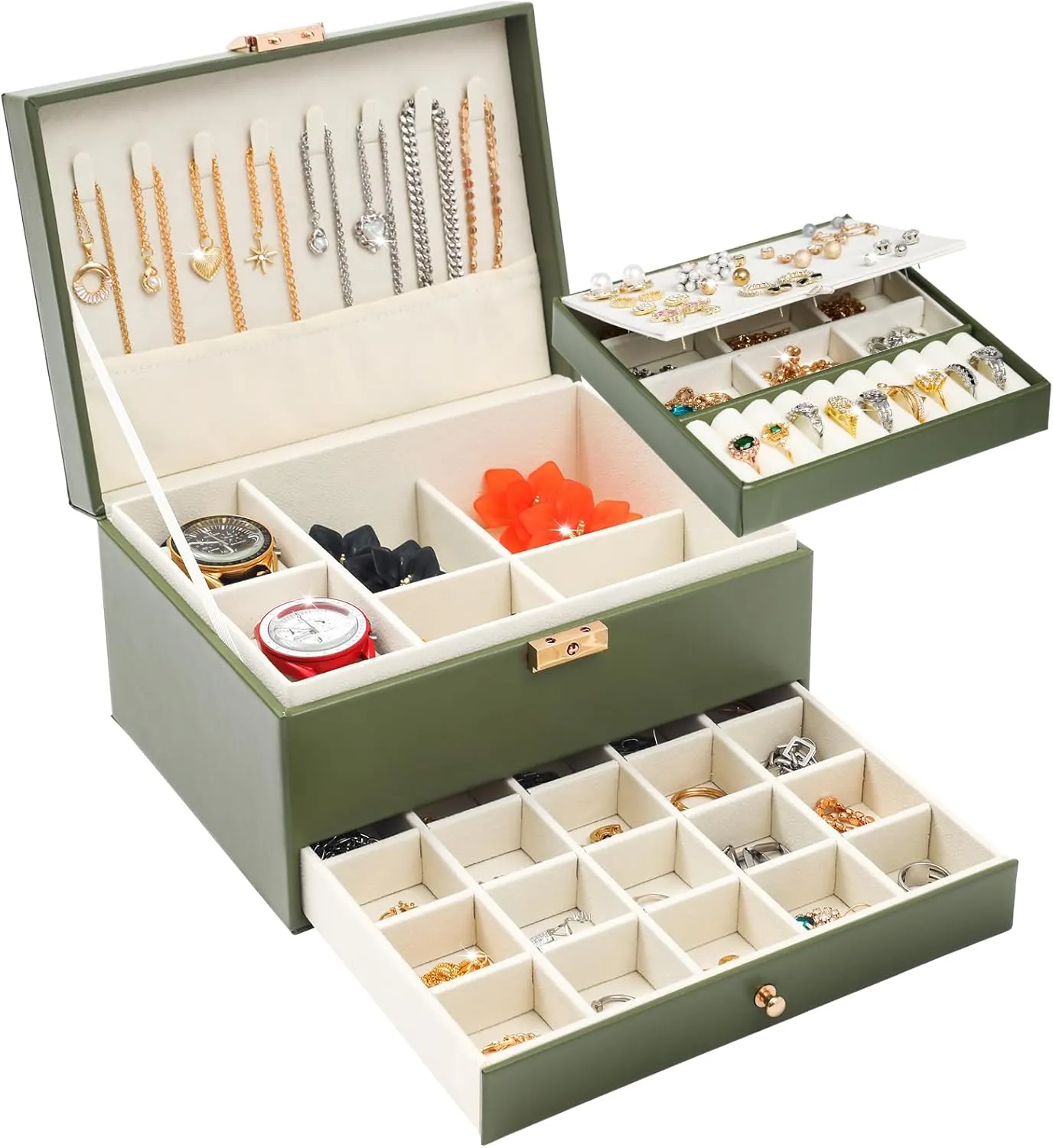 Song Xi Jewelry Box 3 Layers, Large PU Leather Jewelry Box, Jewelry Organizers and Storage for Earring, Necklace, Watches, Lockable Green Jewelry Organizer Boxes Party Gifts for Men Women