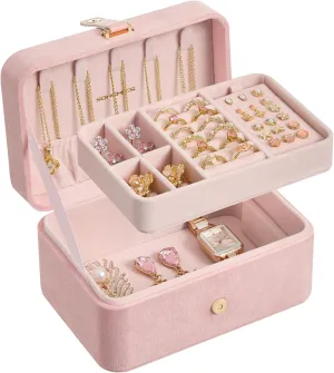 SONGMICS Jewelry Box, Travel Jewelry Case, 2-Layer Jewelry Holder Organizer, 4.6 x 6.3 x 3 Inches, Jelly Pink UJBC166R02