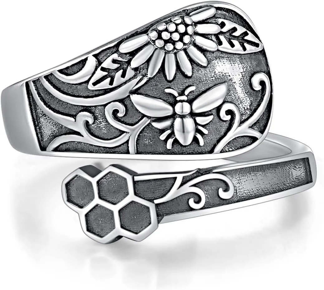Spoon Ring S925 Sterling Silver Turquoise Adjustable Rings Dragonfly/Sunflower/Bee Vintage Animal Jewelry for Women Wife Sister Mother Daughter