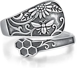 Spoon Ring S925 Sterling Silver Turquoise Adjustable Rings Dragonfly/Sunflower/Bee Vintage Animal Jewelry for Women Wife Sister Mother Daughter