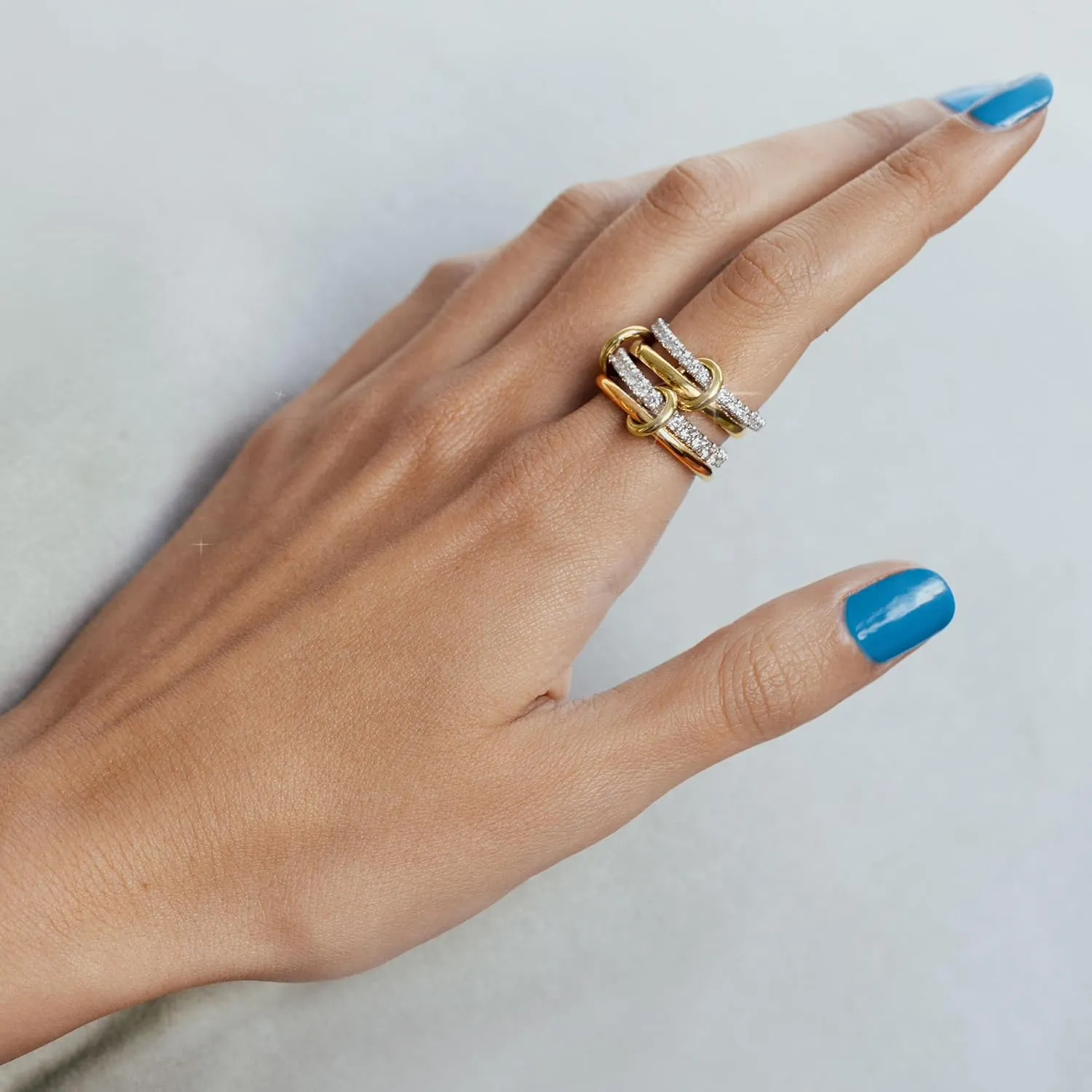 Stackable Rings for Women Non Tarnish,Dainty 18k Gold Plated CZ Cubic Zirconia Rings,Silver and Gold Rings Set,Multi-Link Connected Rings
