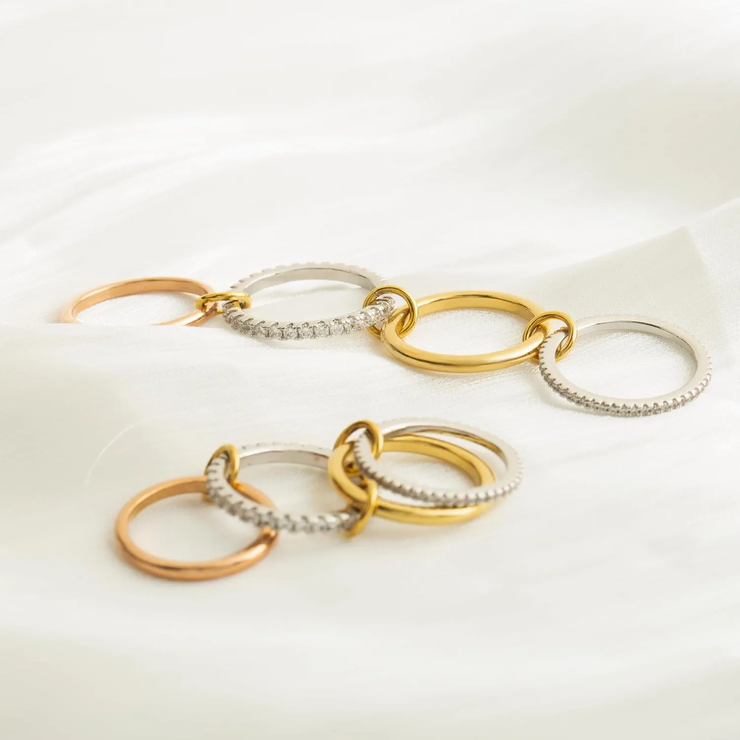 Stackable Rings for Women Non Tarnish,Dainty 18k Gold Plated CZ Cubic Zirconia Rings,Silver and Gold Rings Set,Multi-Link Connected Rings