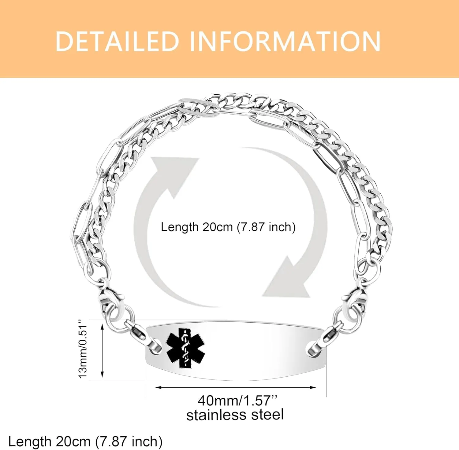 Stainless Steel Black Medical Symbol Bracelets for People in Need -7.87 Inches Platinum Plated Double Layer Chain Medical ID Bracelet for Men and Women YA4768