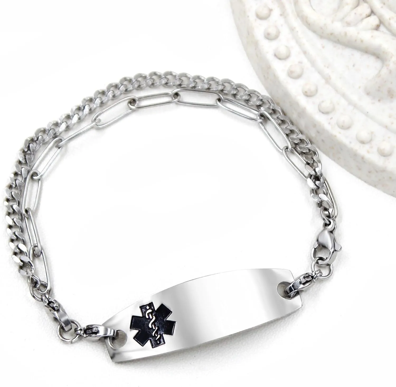 Stainless Steel Black Medical Symbol Bracelets for People in Need -7.87 Inches Platinum Plated Double Layer Chain Medical ID Bracelet for Men and Women YA4768