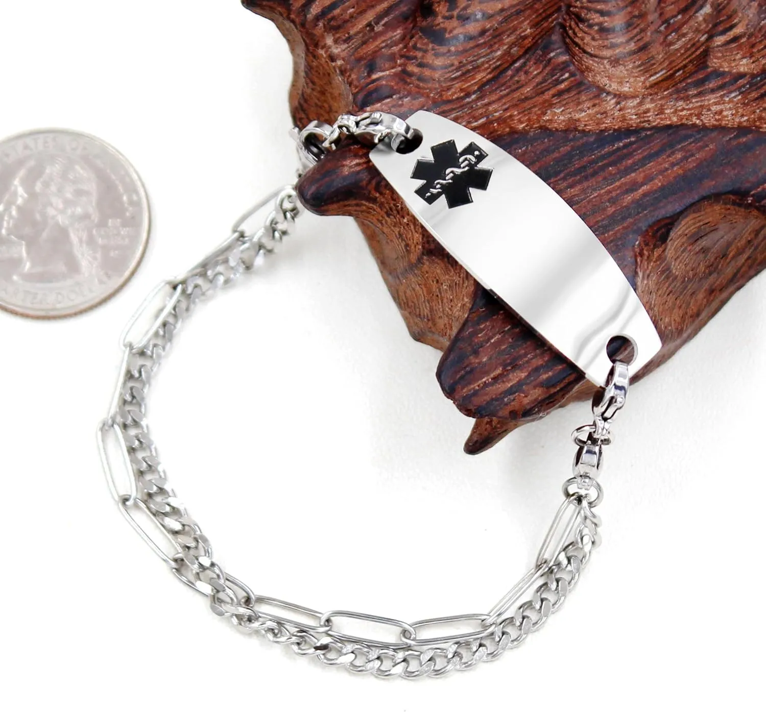 Stainless Steel Black Medical Symbol Bracelets for People in Need -7.87 Inches Platinum Plated Double Layer Chain Medical ID Bracelet for Men and Women YA4768