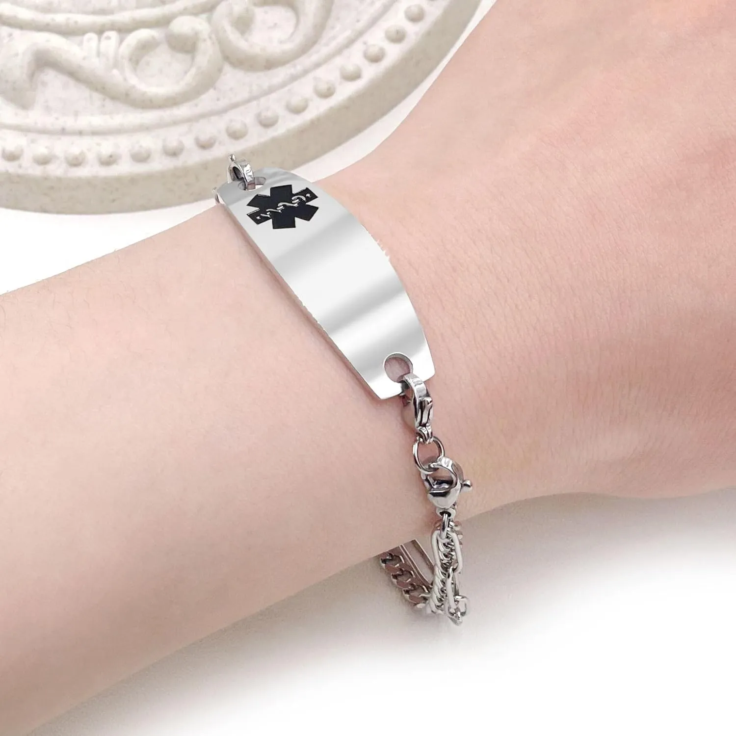 Stainless Steel Black Medical Symbol Bracelets for People in Need -7.87 Inches Platinum Plated Double Layer Chain Medical ID Bracelet for Men and Women YA4768