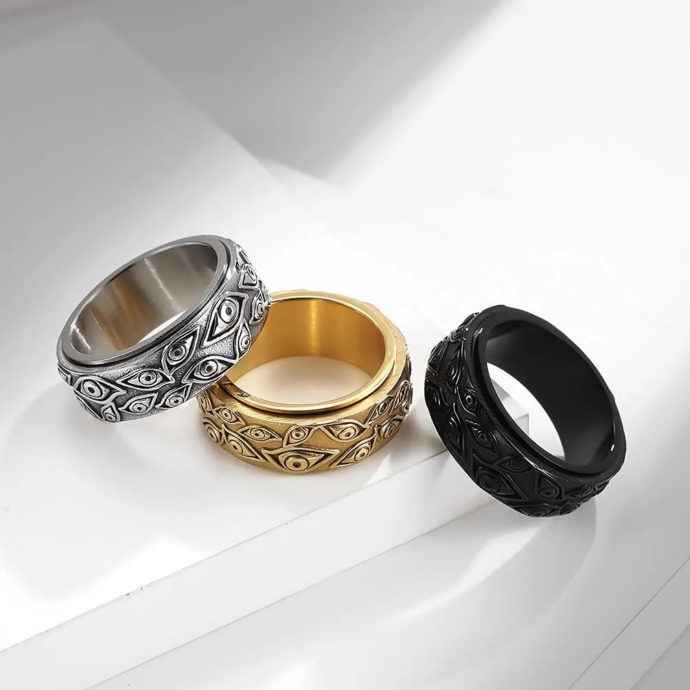 Stainless Steel Eye of God Rotating Band Ring Fidget Rings Anxiety Ring for Stress Relieving Evil Eye Spinning Jewelry for Men