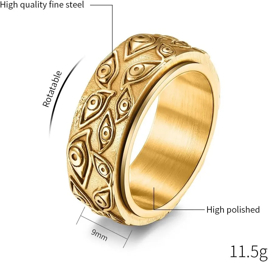 Stainless Steel Eye of God Rotating Band Ring Fidget Rings Anxiety Ring for Stress Relieving Evil Eye Spinning Jewelry for Men
