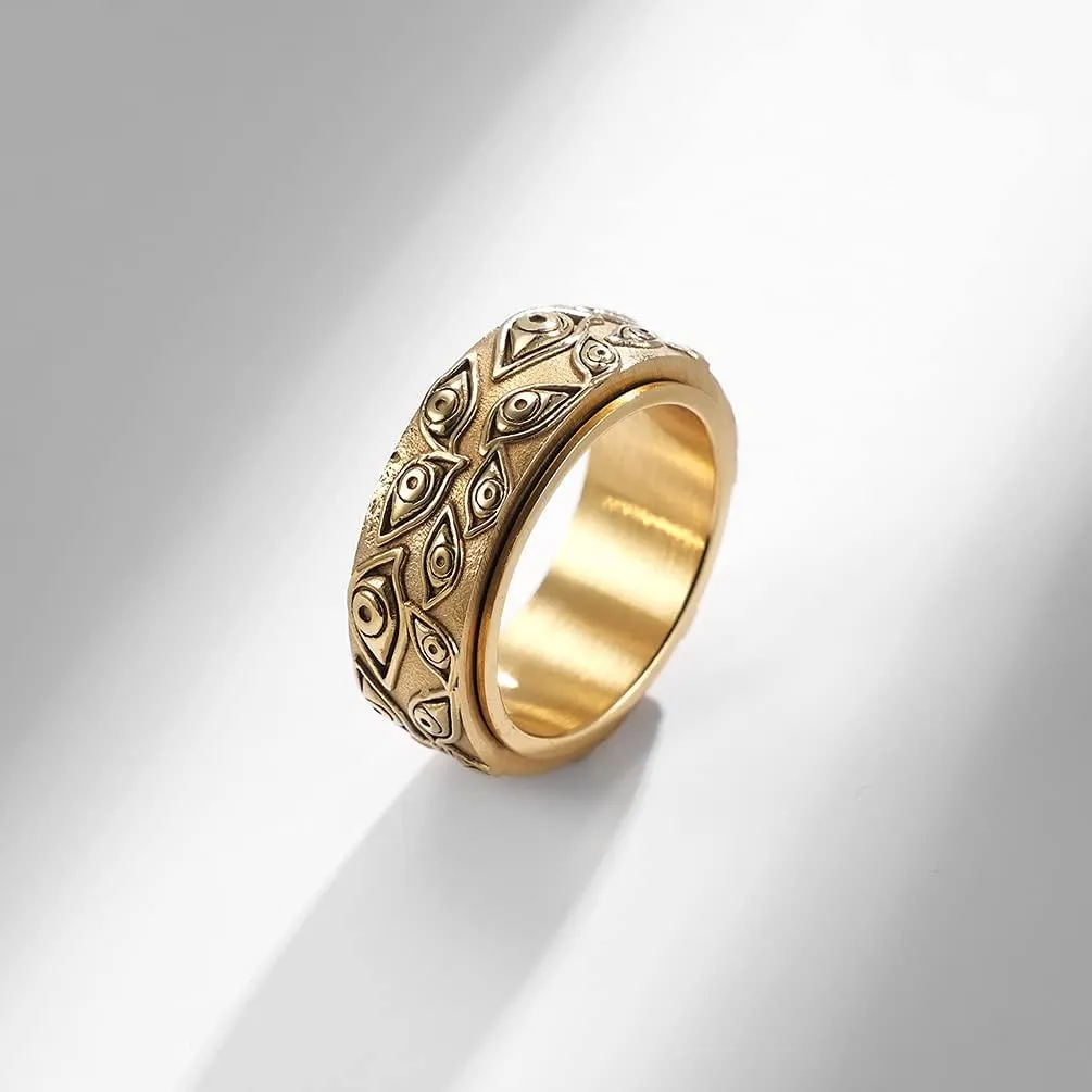 Stainless Steel Eye of God Rotating Band Ring Fidget Rings Anxiety Ring for Stress Relieving Evil Eye Spinning Jewelry for Men