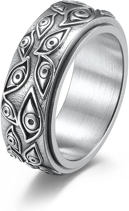 Stainless Steel Eye of God Rotating Band Ring Fidget Rings Anxiety Ring for Stress Relieving Evil Eye Spinning Jewelry for Men