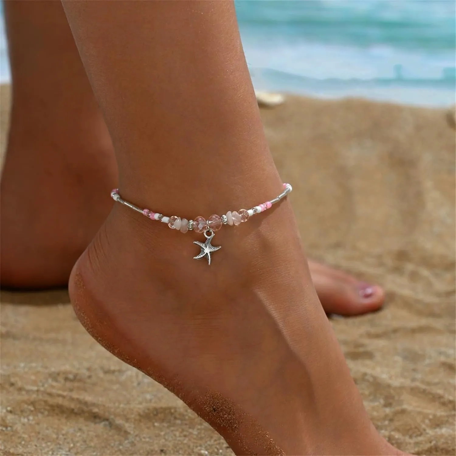 Starfish Shell Anklet for Women Adjustable Conch Anklet Turquoise Ankle Bracelets for Women Beach Pearl Foot Charm Chain Boho Jewerly for Summer Beach Party