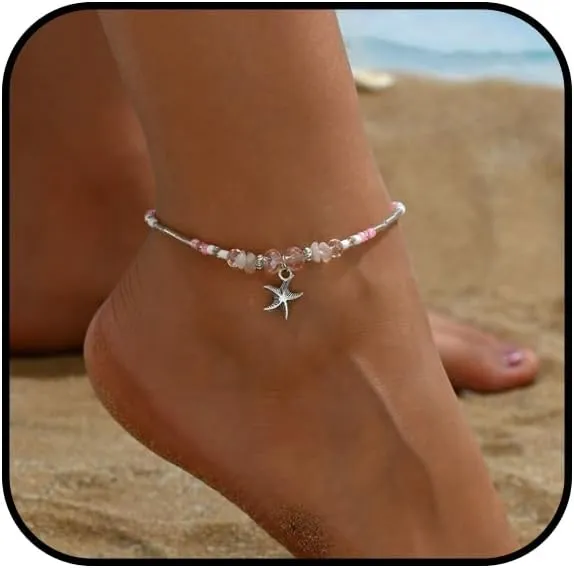 Starfish Shell Anklet for Women Adjustable Conch Anklet Turquoise Ankle Bracelets for Women Beach Pearl Foot Charm Chain Boho Jewerly for Summer Beach Party