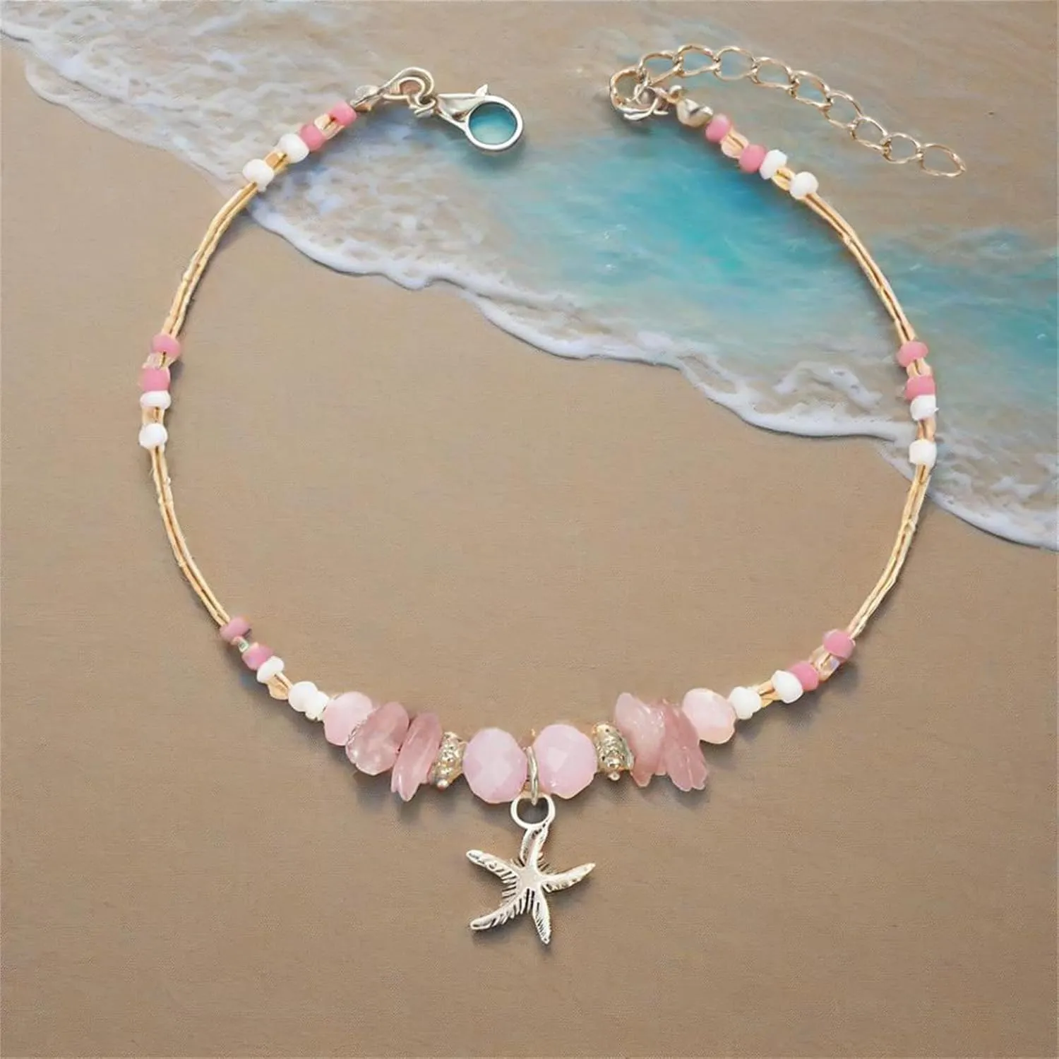 Starfish Shell Anklet for Women Adjustable Conch Anklet Turquoise Ankle Bracelets for Women Beach Pearl Foot Charm Chain Boho Jewerly for Summer Beach Party