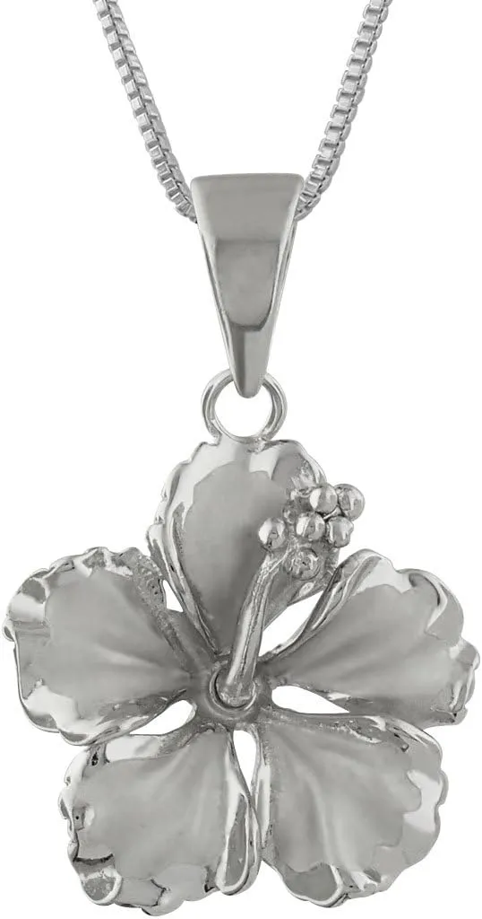 Sterling Silver 17mm Hibiscus Pendant Necklace, 16 2" Extender