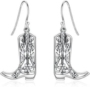 Sterling Silver Cowgirl Boot Earrings: Women Dangle Boot Earrings Country Western Style Jewelry Gifts for Cowgirl