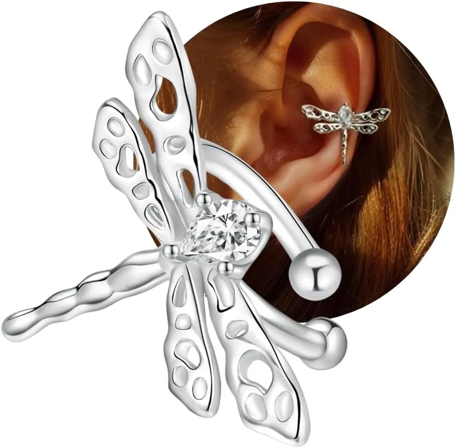 Sterling Silver Dragonfly Ear Cuffs for Women Non Piercing, White Gold Plated - Garden Animal Element, Stylish Unique Cuff Earrings, Fashion Jewelry for Women Trendy (A-sliver)