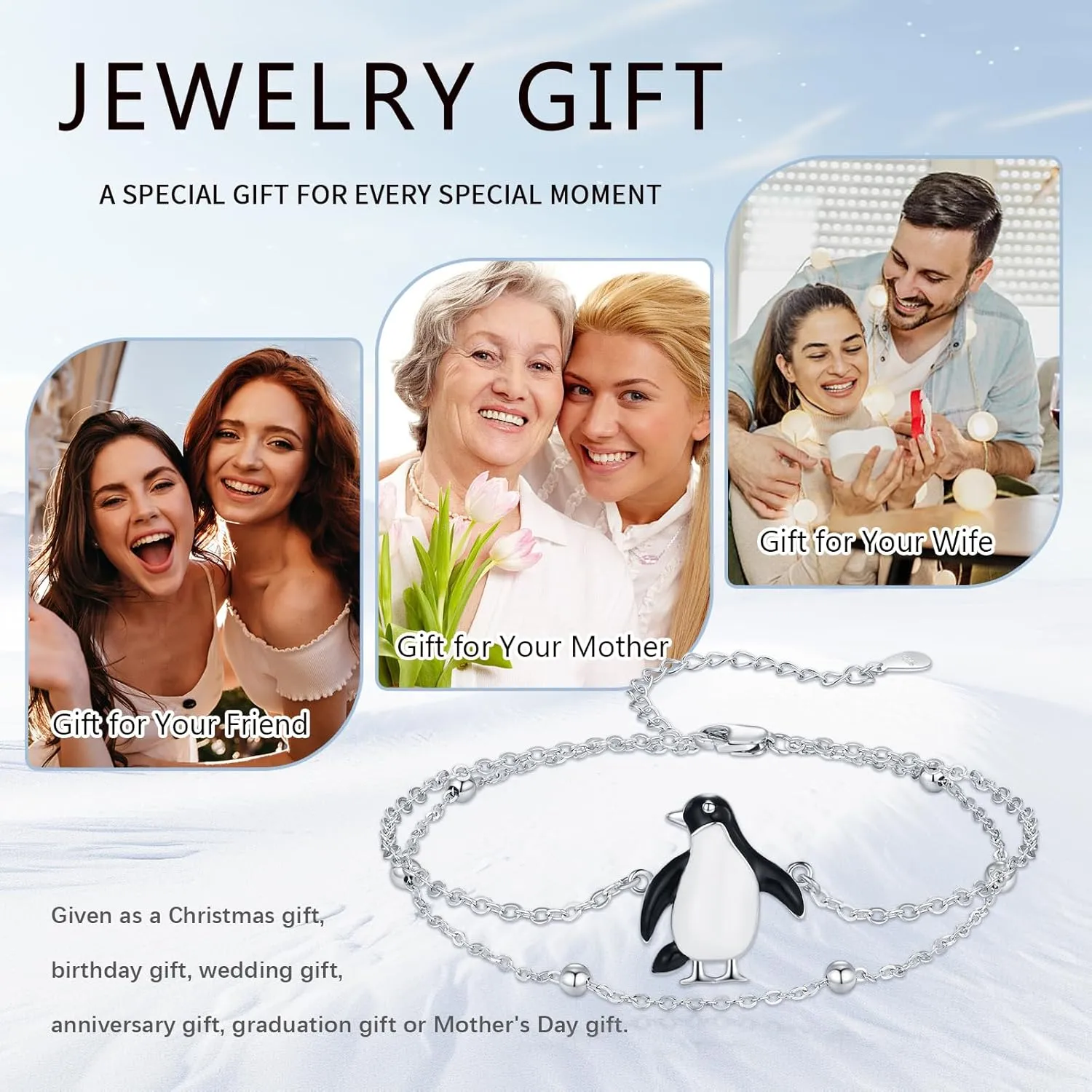Sterling Silver Layered Adjustable Bracelets Anklets for Women Elephant Penguin Highland Cow Sloth Jewelry Gifts for Christmas Mothers Day Valentines Day