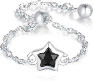 Sterling Silver Ring for Women Adjustable Tassel Chain Link Ring Cute Cubic Zirconia Rings Star Ring Heart Ring Dangle Ball Chain Bands Statement Ring Dainty Wedding Jewelry Gifts for Her
