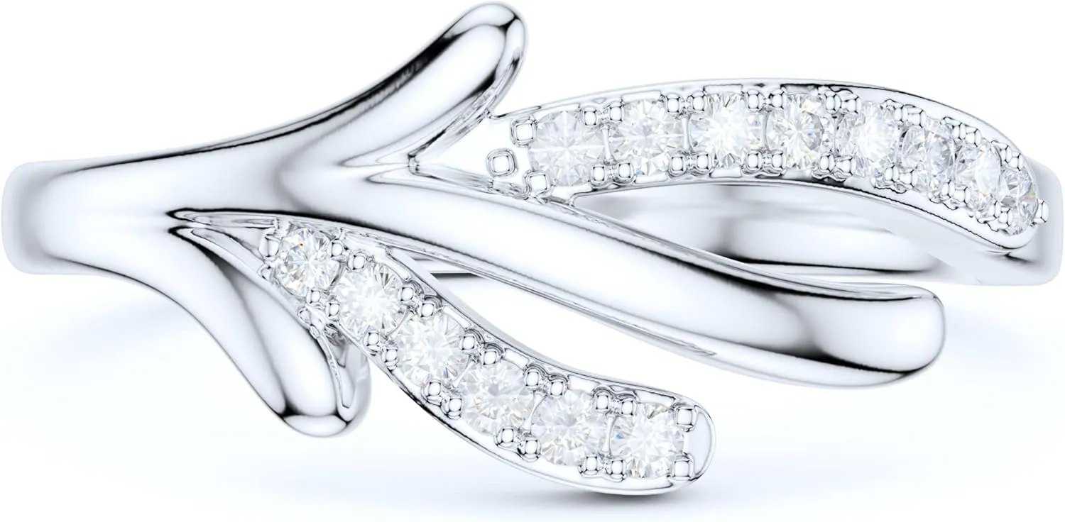 Sterling Silver Simulated Round Brilliant Cut Diamond or Genuine Moissanite Deer Reindeer Antler Style Promise Ring For Women
