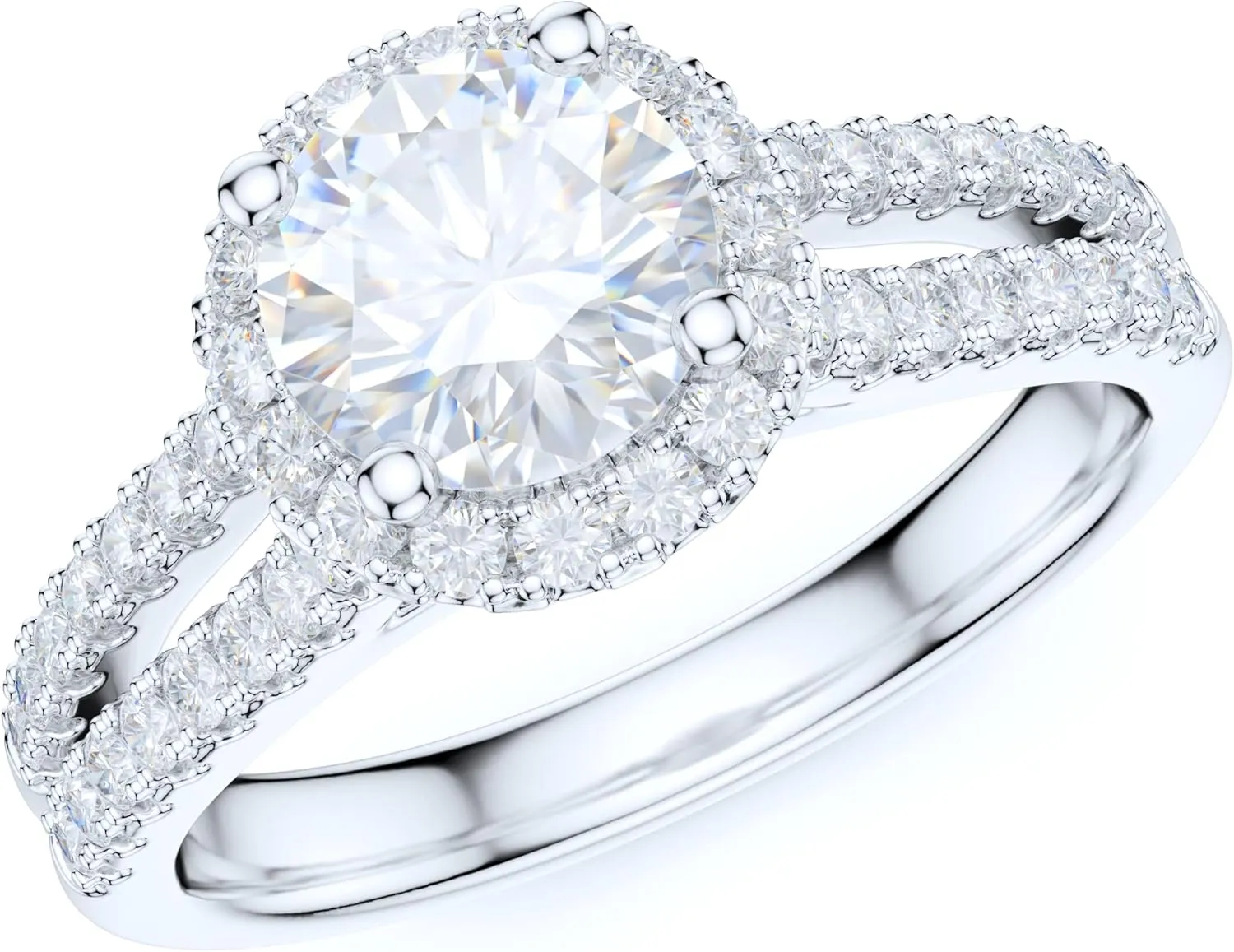 Sterling Silver Split Shank 1.0CT Simulated Round Brilliant Cut Diamond or Genuine Moissanite Halo Engagement Ring Bridal Ring For Women