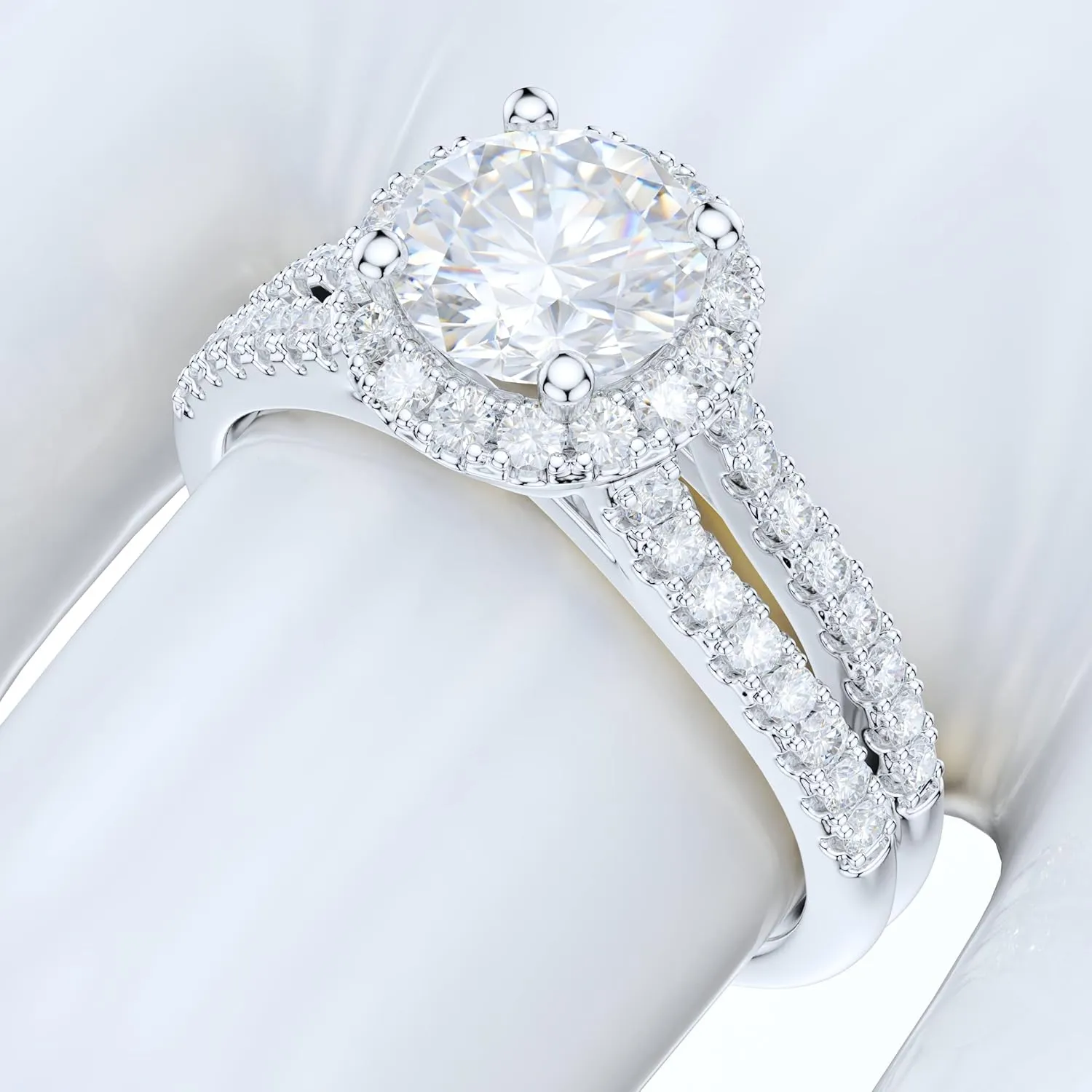 Sterling Silver Split Shank 1.0CT Simulated Round Brilliant Cut Diamond or Genuine Moissanite Halo Engagement Ring Bridal Ring For Women