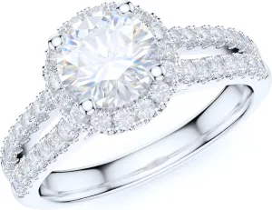 Sterling Silver Split Shank 1.0CT Simulated Round Brilliant Cut Diamond or Genuine Moissanite Halo Engagement Ring Bridal Ring For Women