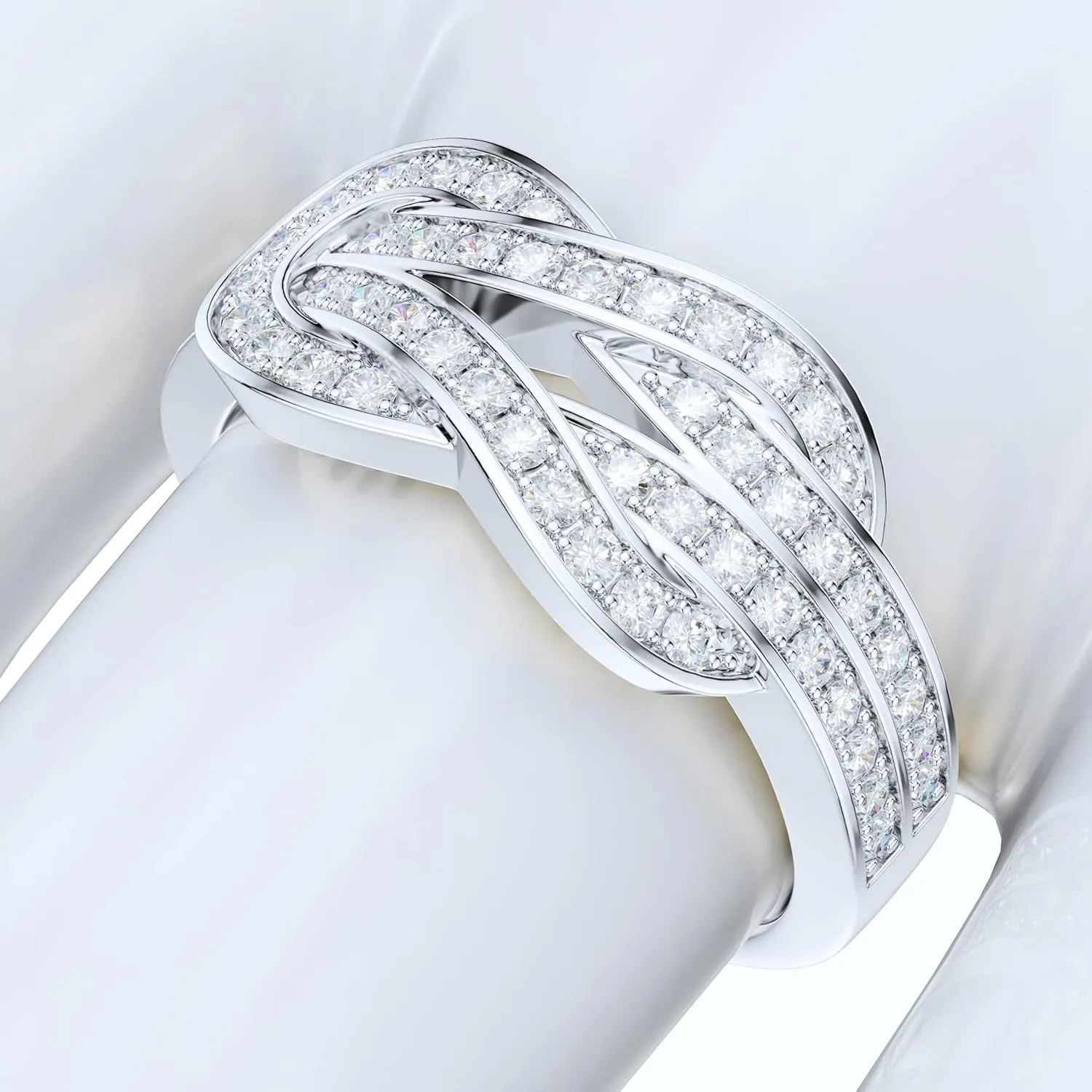 Sterling Silver Tie the Love Knot Full of Simulated Round Brilliant Cut Diamond or Genuine Moissanites Promise Ring Wedding Band