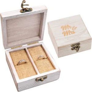 Strova Wooden Ring Box for Wedding Rings and Couple Jewelry - Engraved Mr. & Mrs. Lettering - Ring Bearer Box for Display or Personal Organizer - Brass Latch and Soft, Protective Ring Cushions