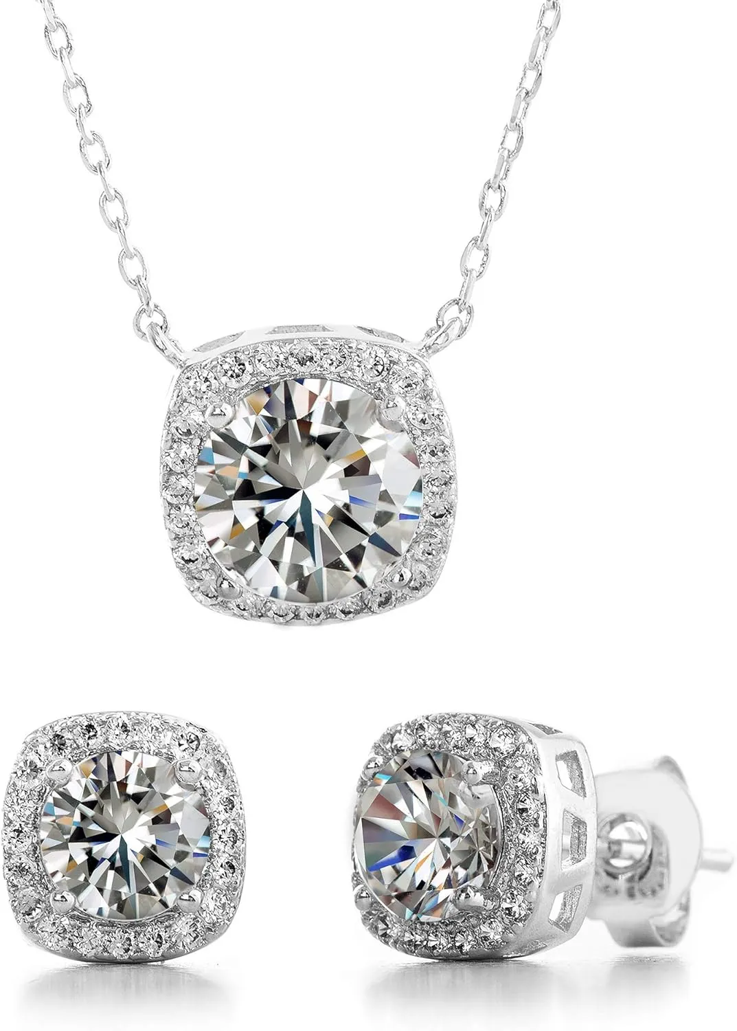 Stud Halo Cushion Shaped Earrings for Women and 18 Inch Necklace for Women Jewelry Set made with Faceted Crystals
