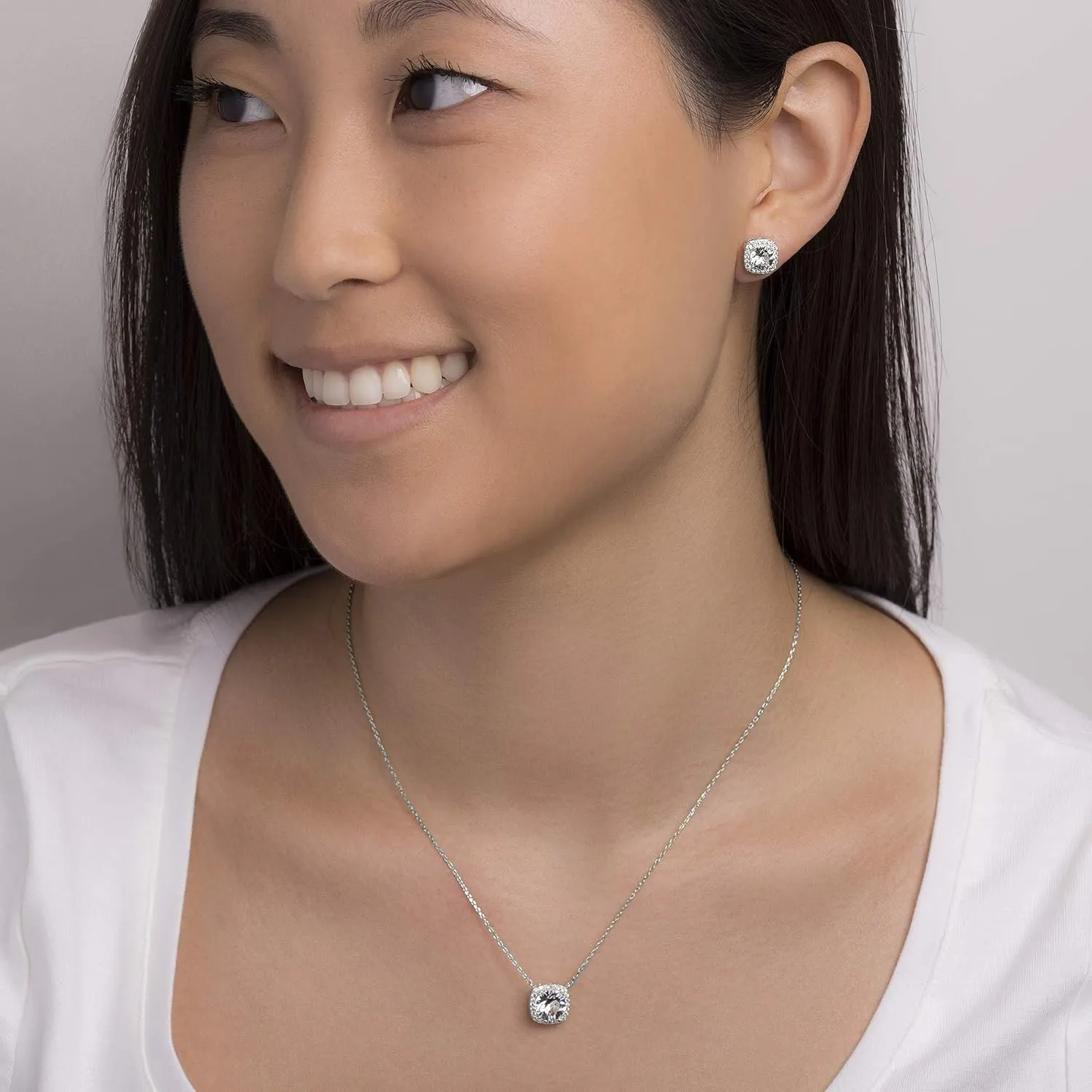 Stud Halo Cushion Shaped Earrings for Women and 18 Inch Necklace for Women Jewelry Set made with Faceted Crystals