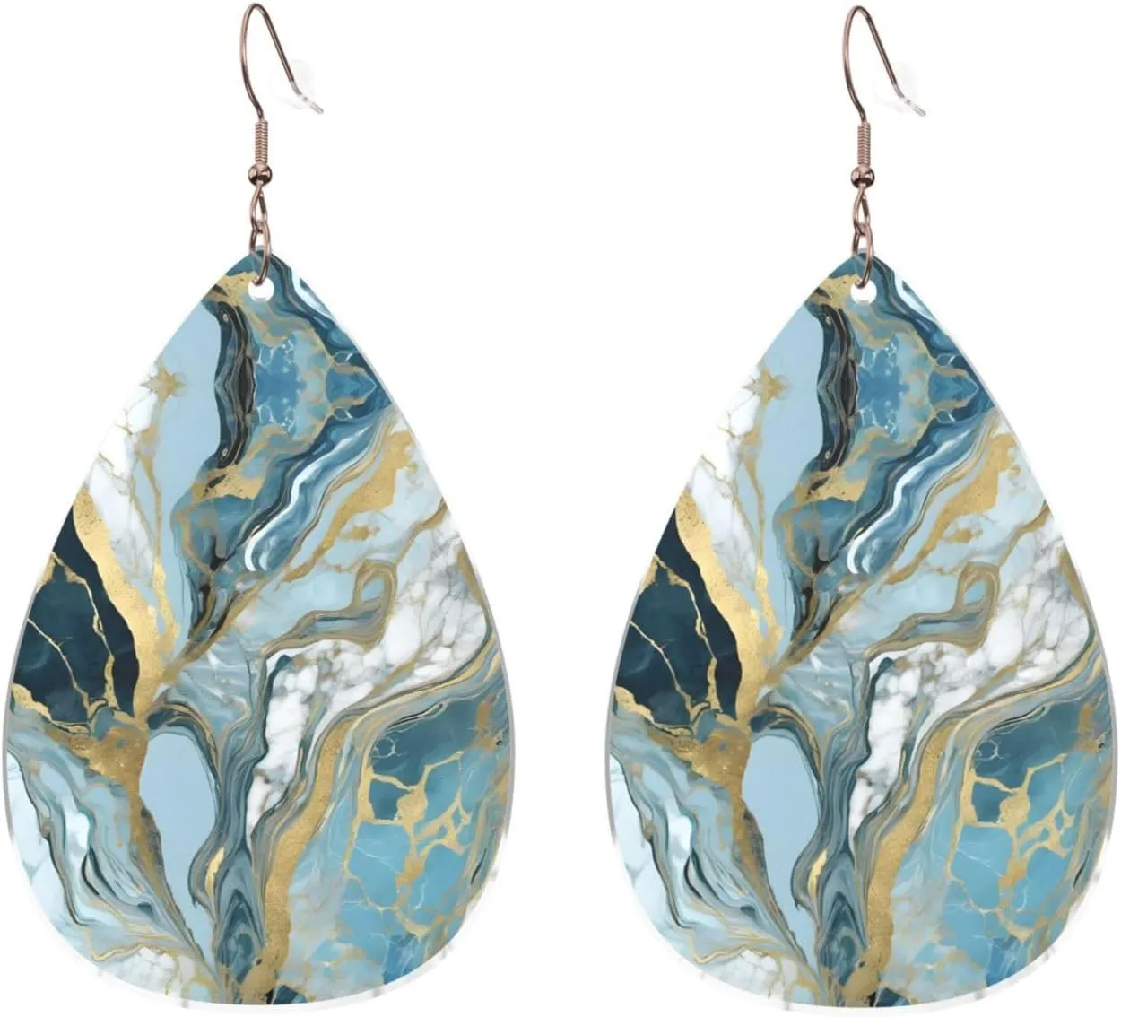 Stylish Drop-Shaped Acrylic Earrings Lightweight Printed Teardrop Dangle Earrings for Women (Azurite Teal and Foil Gold Oil Marble)