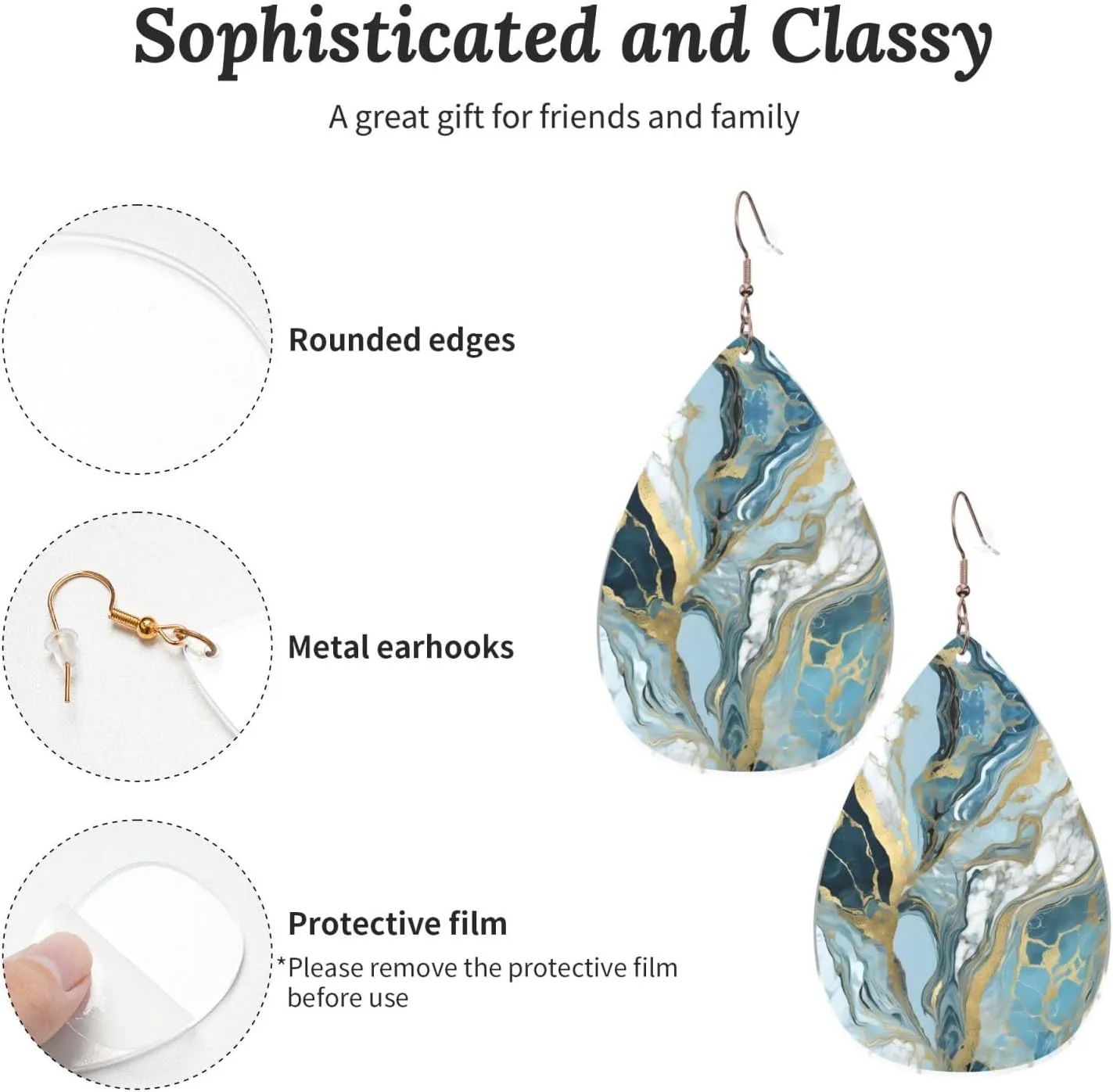 Stylish Drop-Shaped Acrylic Earrings Lightweight Printed Teardrop Dangle Earrings for Women (Azurite Teal and Foil Gold Oil Marble)