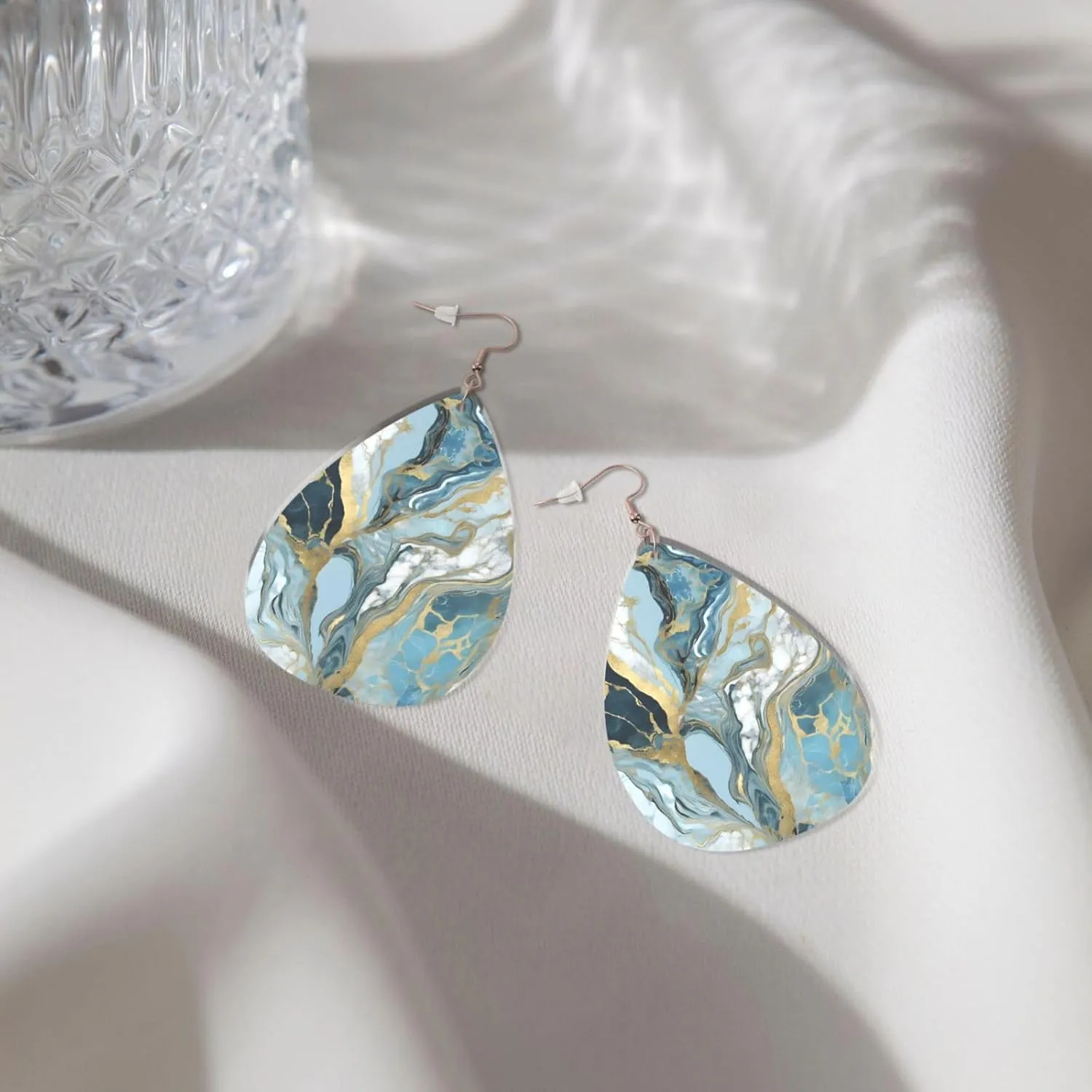 Stylish Drop-Shaped Acrylic Earrings Lightweight Printed Teardrop Dangle Earrings for Women (Azurite Teal and Foil Gold Oil Marble)