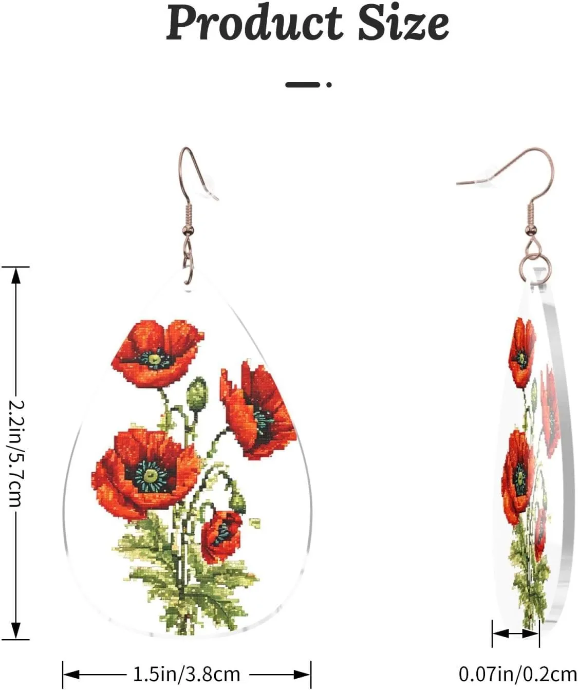 Stylish Drop-Shaped Acrylic Earrings Lightweight Printed Teardrop Dangle Earrings for Women (Beautiful Poppy Flower Ink)