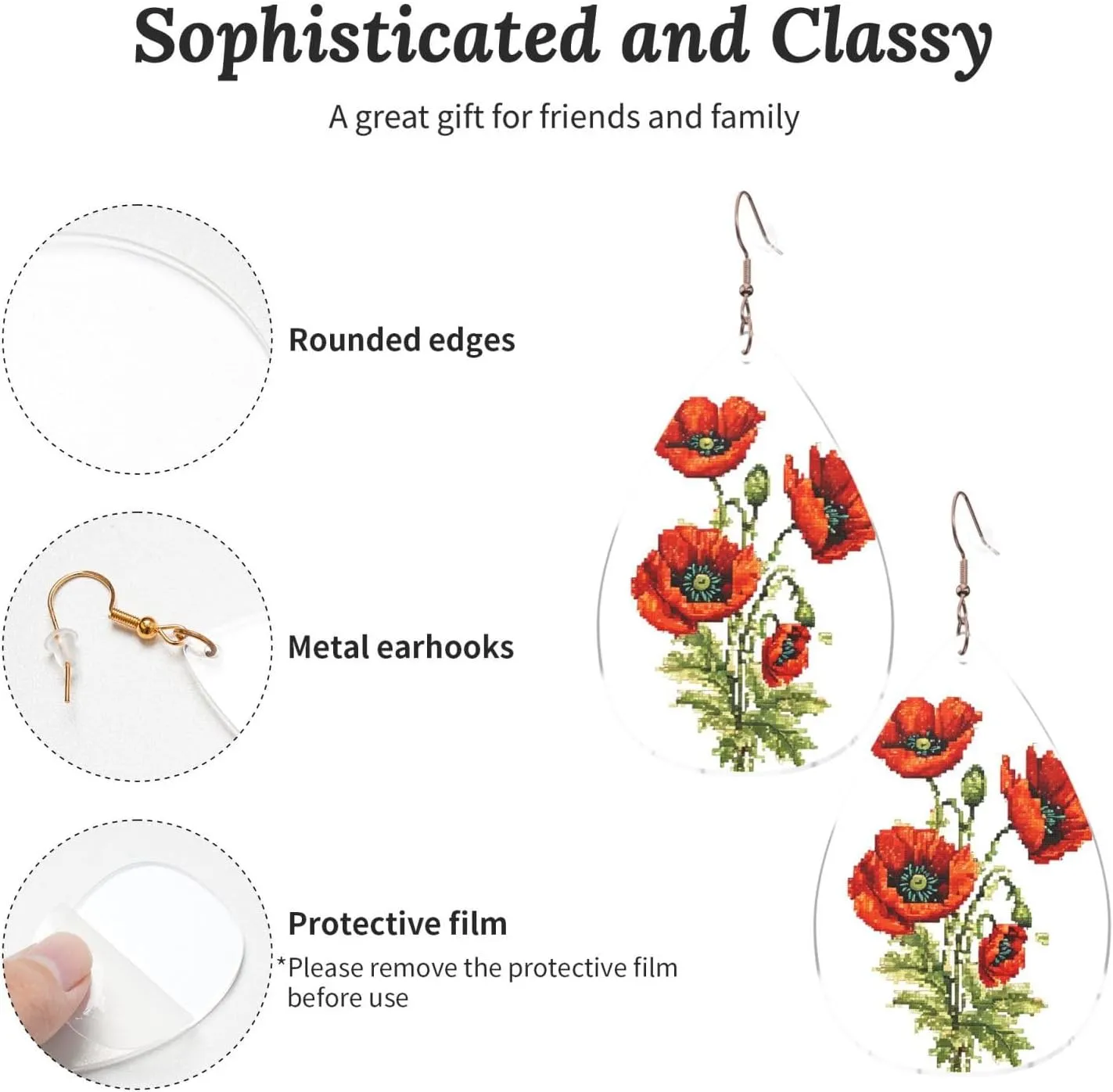 Stylish Drop-Shaped Acrylic Earrings Lightweight Printed Teardrop Dangle Earrings for Women (Beautiful Poppy Flower Ink)