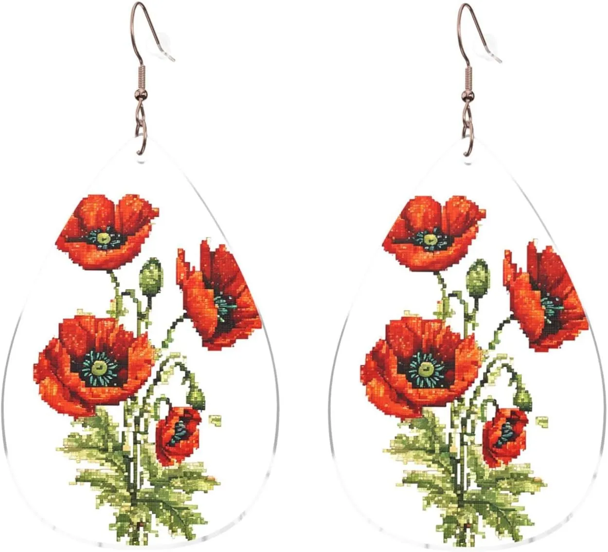 Stylish Drop-Shaped Acrylic Earrings Lightweight Printed Teardrop Dangle Earrings for Women (Beautiful Poppy Flower Ink)