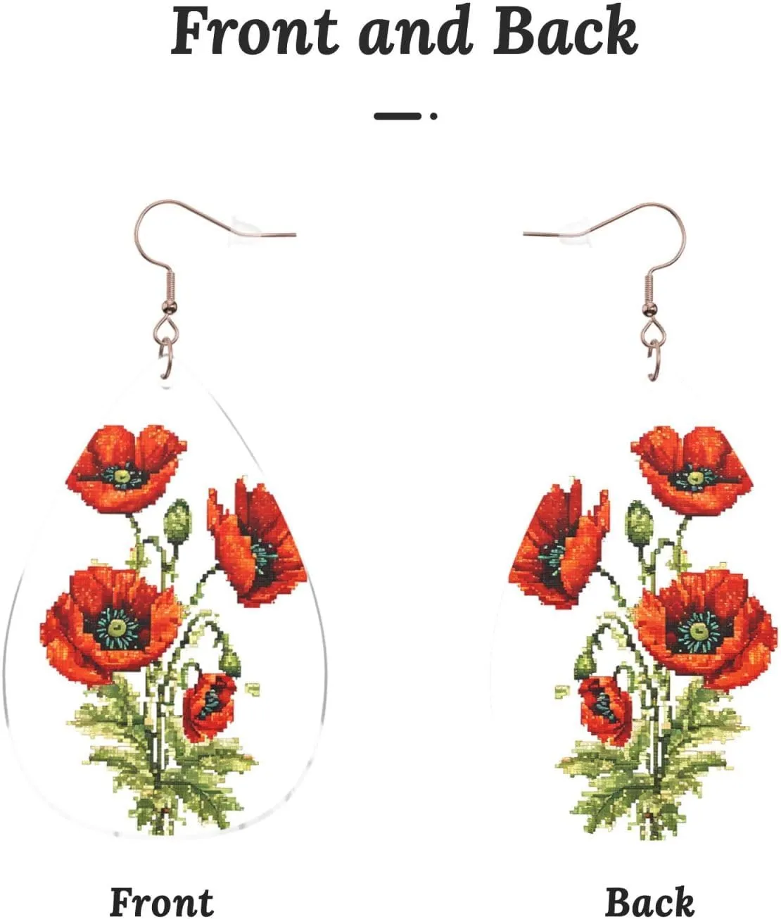 Stylish Drop-Shaped Acrylic Earrings Lightweight Printed Teardrop Dangle Earrings for Women (Beautiful Poppy Flower Ink)