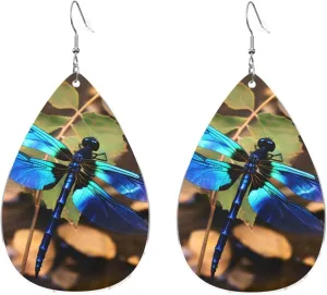 Stylish Drop-Shaped Acrylic Earrings Lightweight Printed Teardrop Dangle Earrings for Women (Black and Blue Dragonfly)