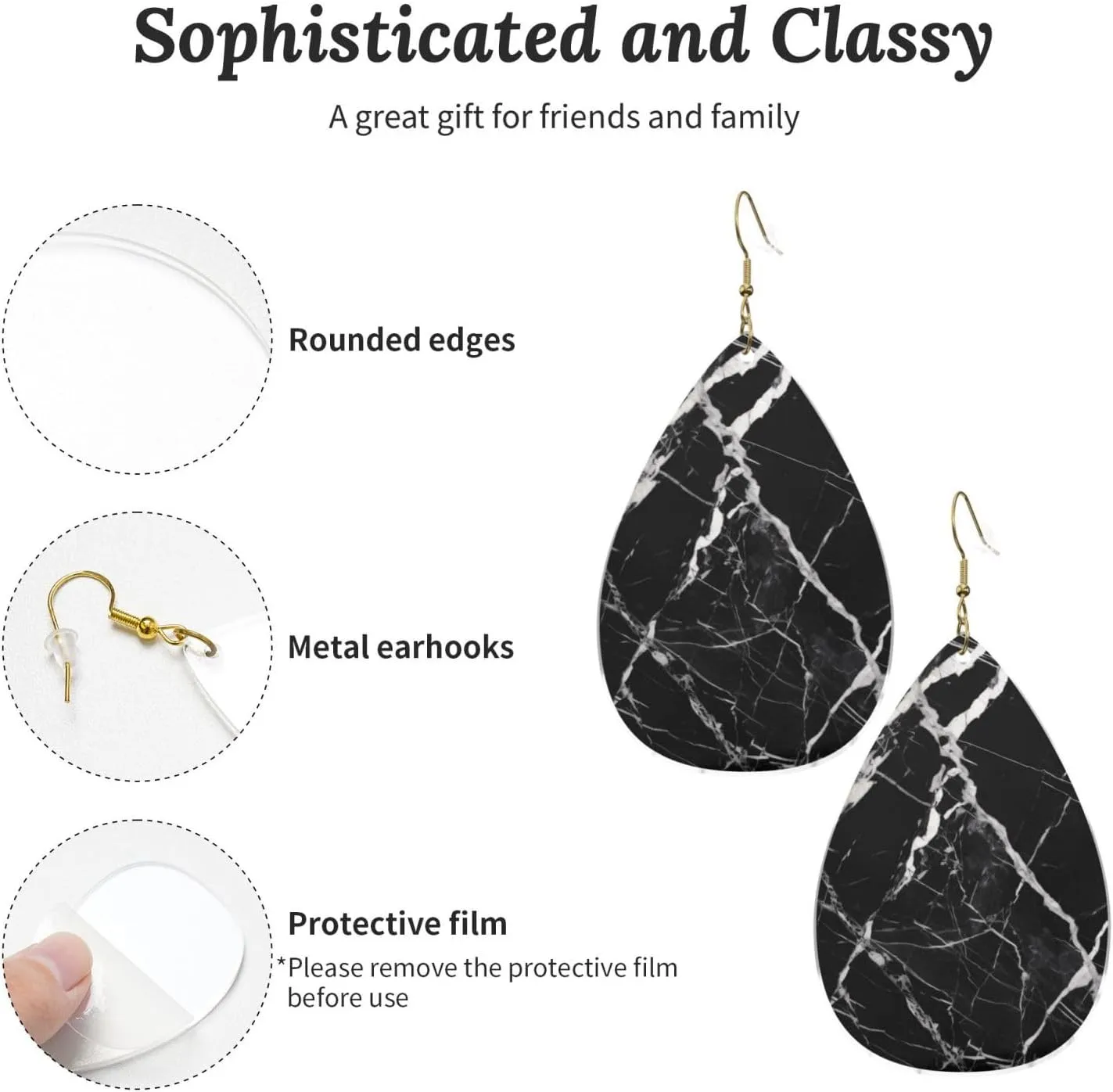 Stylish Drop-Shaped Acrylic Earrings Lightweight Printed Teardrop Dangle Earrings for Women (Black and White Marble)