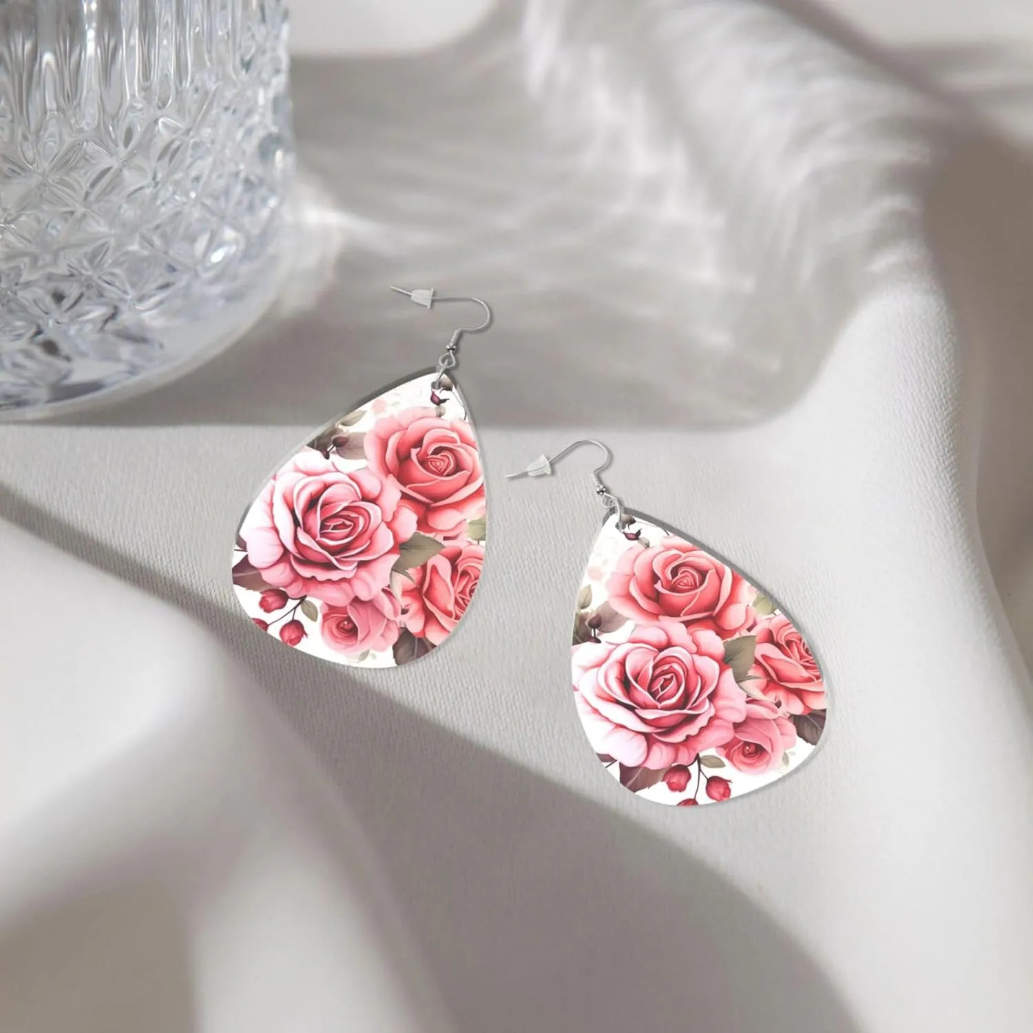 Stylish Drop-Shaped Acrylic Earrings Lightweight Printed Teardrop Dangle Earrings for Women (Blossoming Rose Flowers)