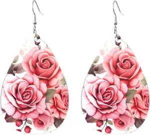 Stylish Drop-Shaped Acrylic Earrings Lightweight Printed Teardrop Dangle Earrings for Women (Blossoming Rose Flowers)