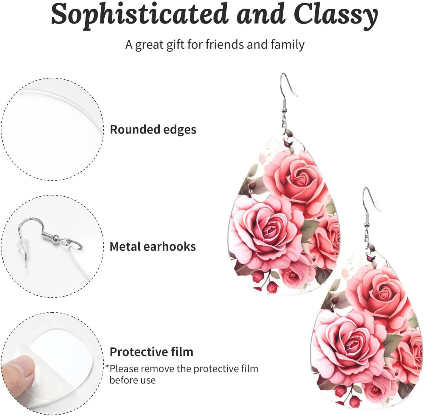 Stylish Drop-Shaped Acrylic Earrings Lightweight Printed Teardrop Dangle Earrings for Women (Blossoming Rose Flowers)