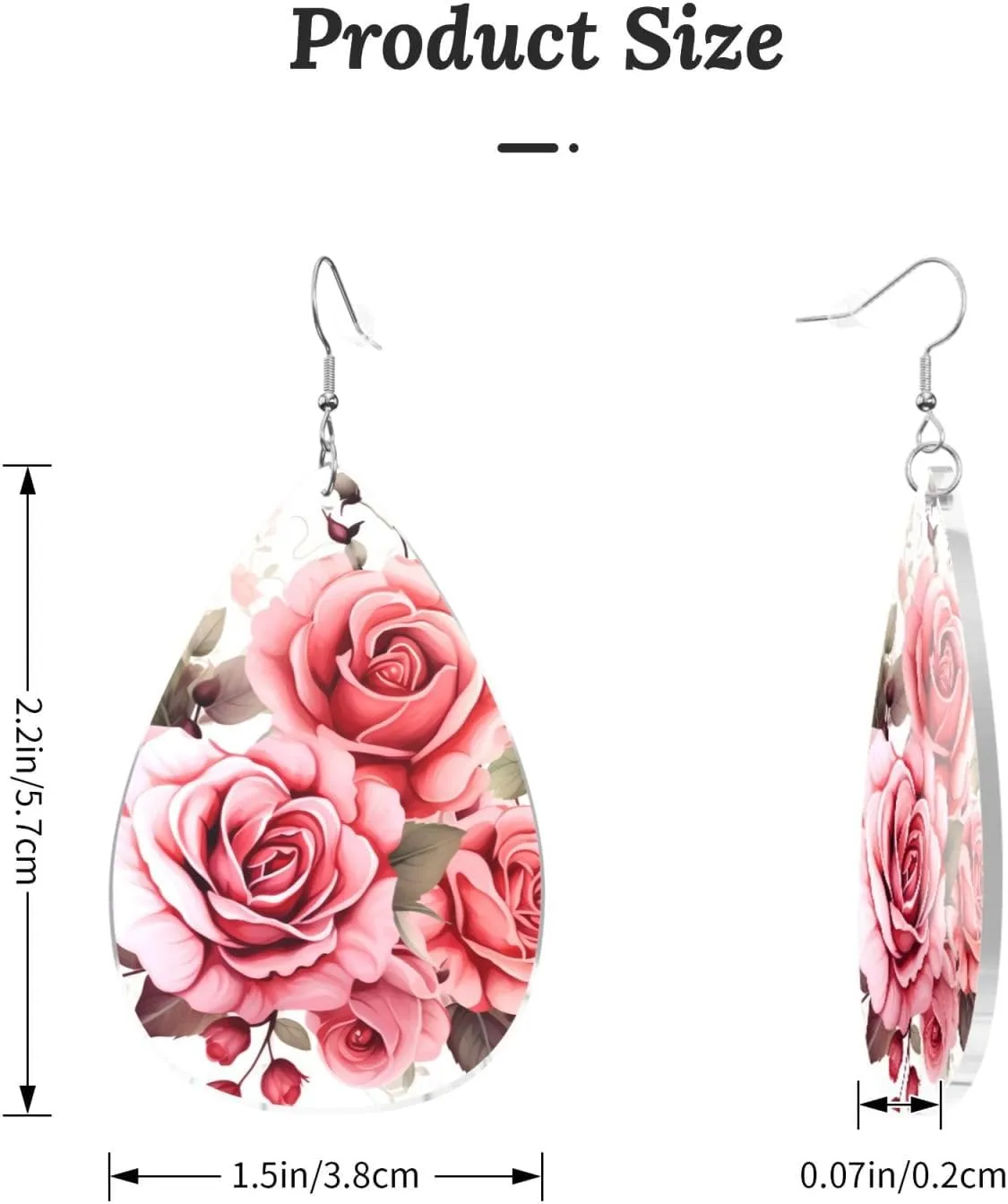 Stylish Drop-Shaped Acrylic Earrings Lightweight Printed Teardrop Dangle Earrings for Women (Blossoming Rose Flowers)