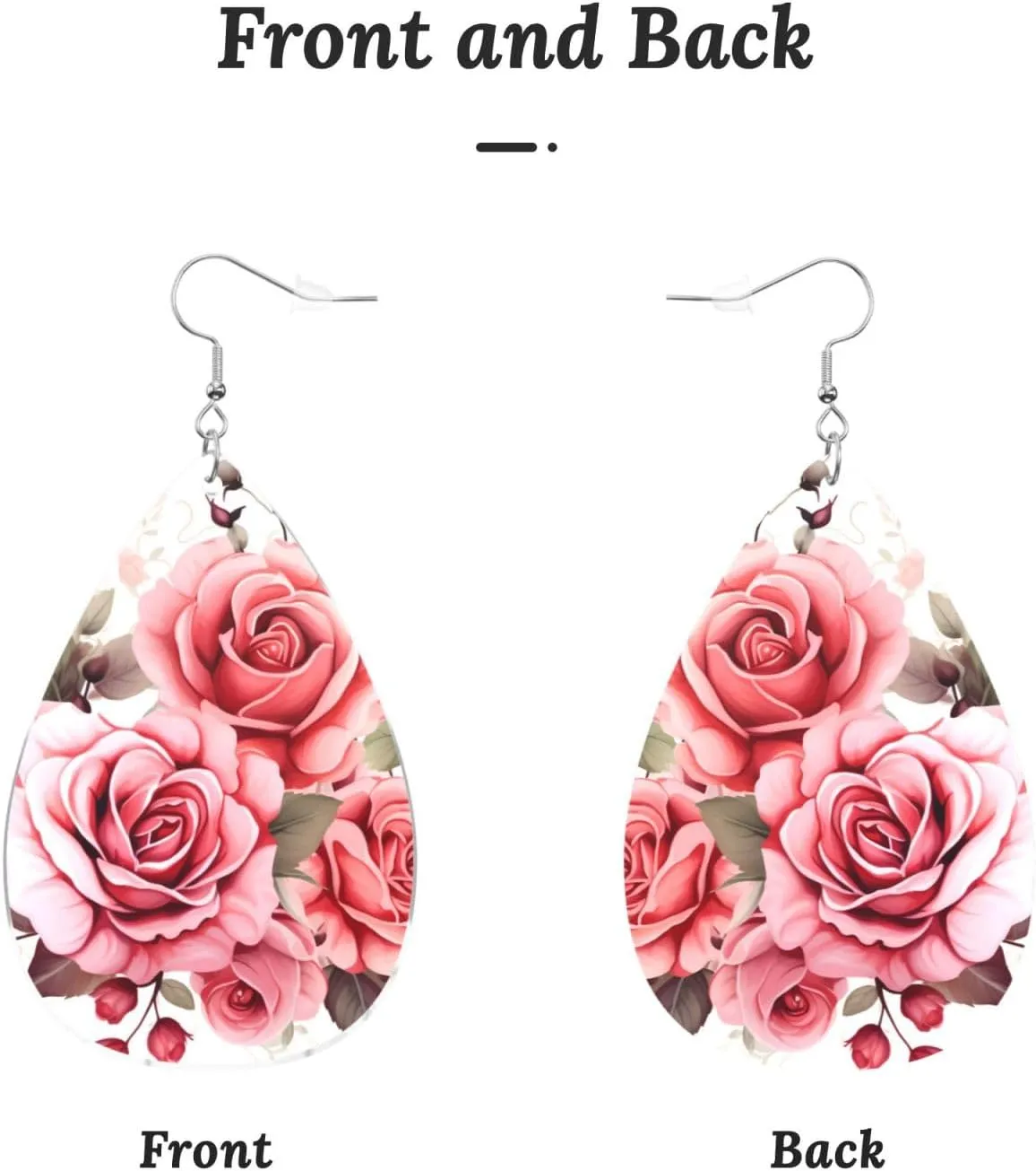 Stylish Drop-Shaped Acrylic Earrings Lightweight Printed Teardrop Dangle Earrings for Women (Blossoming Rose Flowers)