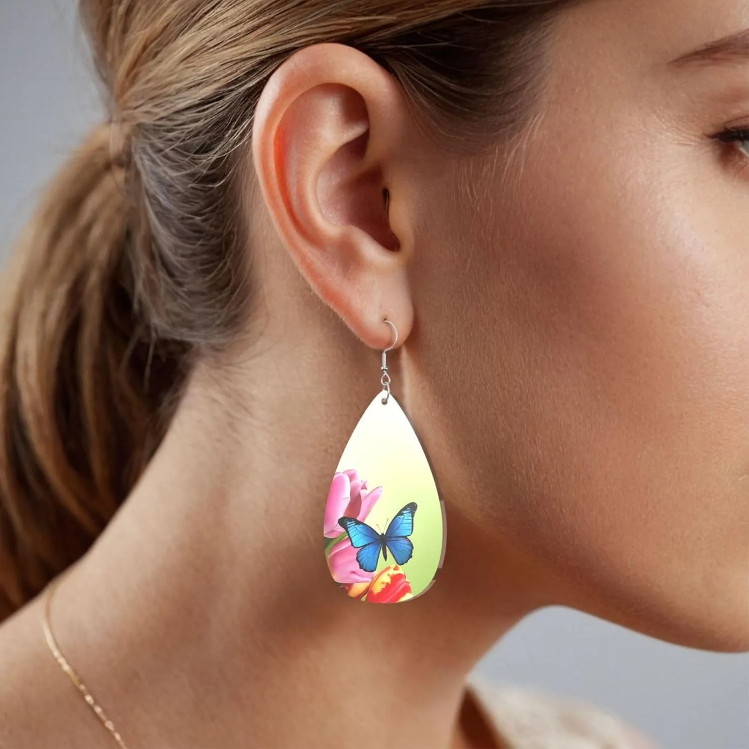 Stylish Drop-Shaped Acrylic Earrings Lightweight Printed Teardrop Dangle Earrings for Women (Blue Butterfly and Flowers)