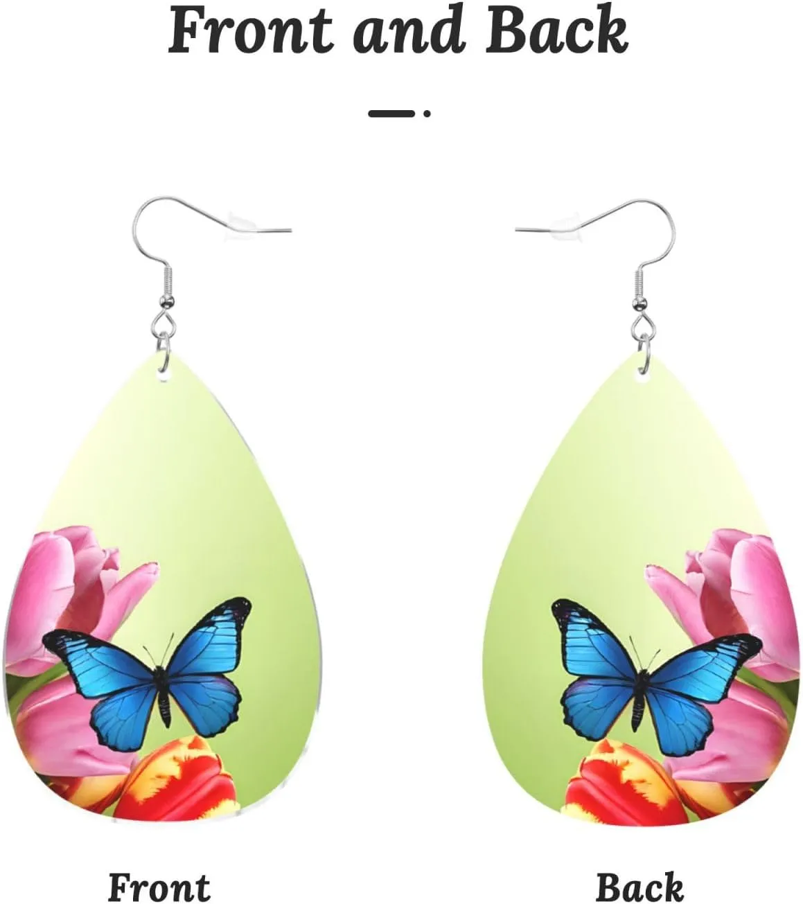 Stylish Drop-Shaped Acrylic Earrings Lightweight Printed Teardrop Dangle Earrings for Women (Blue Butterfly and Flowers)