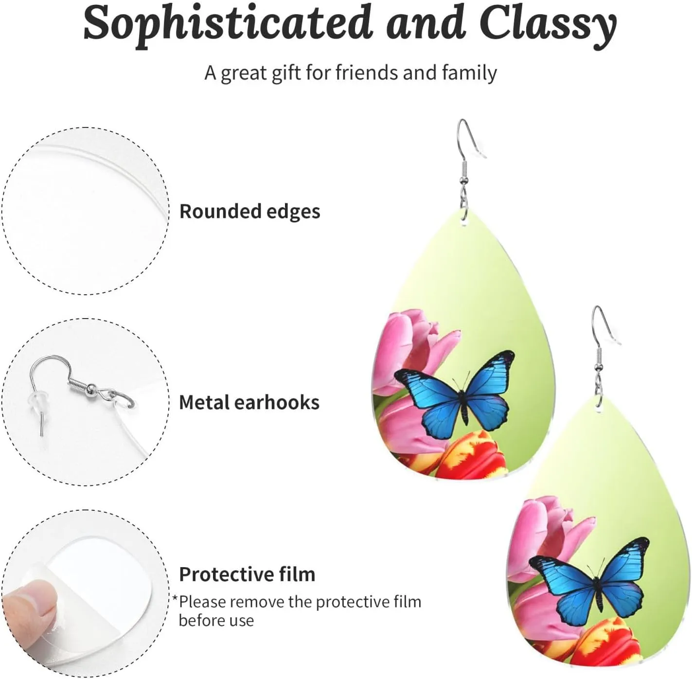 Stylish Drop-Shaped Acrylic Earrings Lightweight Printed Teardrop Dangle Earrings for Women (Blue Butterfly and Flowers)