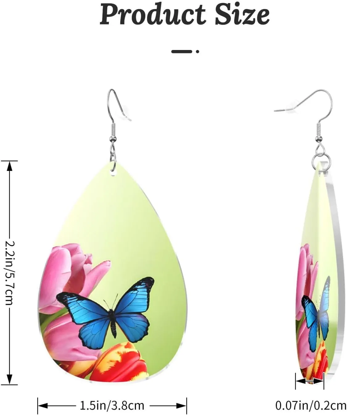 Stylish Drop-Shaped Acrylic Earrings Lightweight Printed Teardrop Dangle Earrings for Women (Blue Butterfly and Flowers)