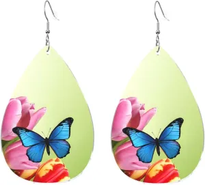 Stylish Drop-Shaped Acrylic Earrings Lightweight Printed Teardrop Dangle Earrings for Women (Blue Butterfly and Flowers)